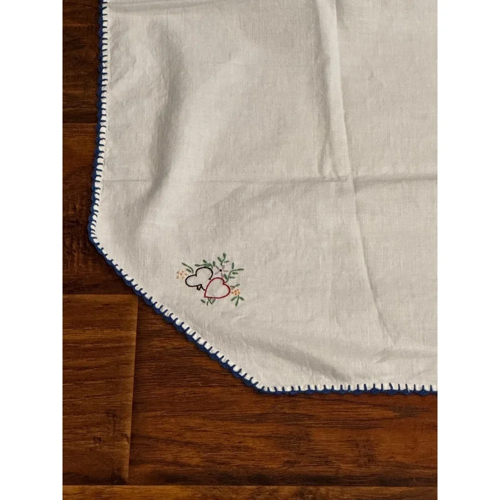 Vintage Handmade Embroidered Table Topper 30x33 Blue Floral Cottage Farmhouse